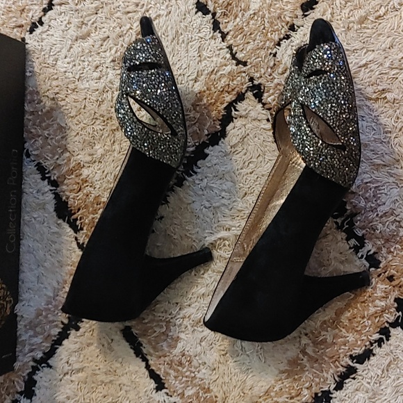I ❤️ Collection Portia 2"  Black Leather Rhinestone Heels - Picture 2 of 8